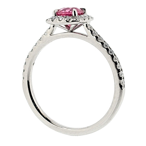 Pink Spinel and Diamond Halo Cluster Ring in Platinum